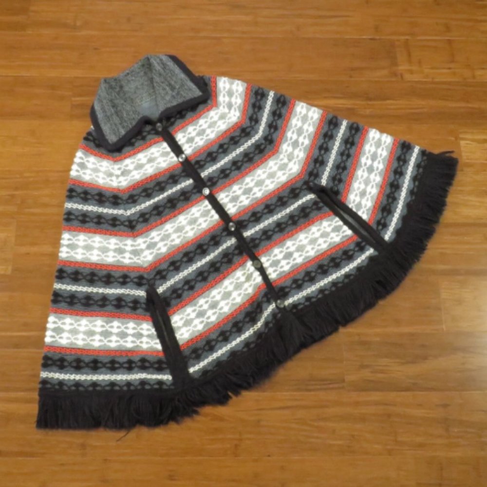 1970s Vintage Knit Cape Red Blue Stripe Arm Holes